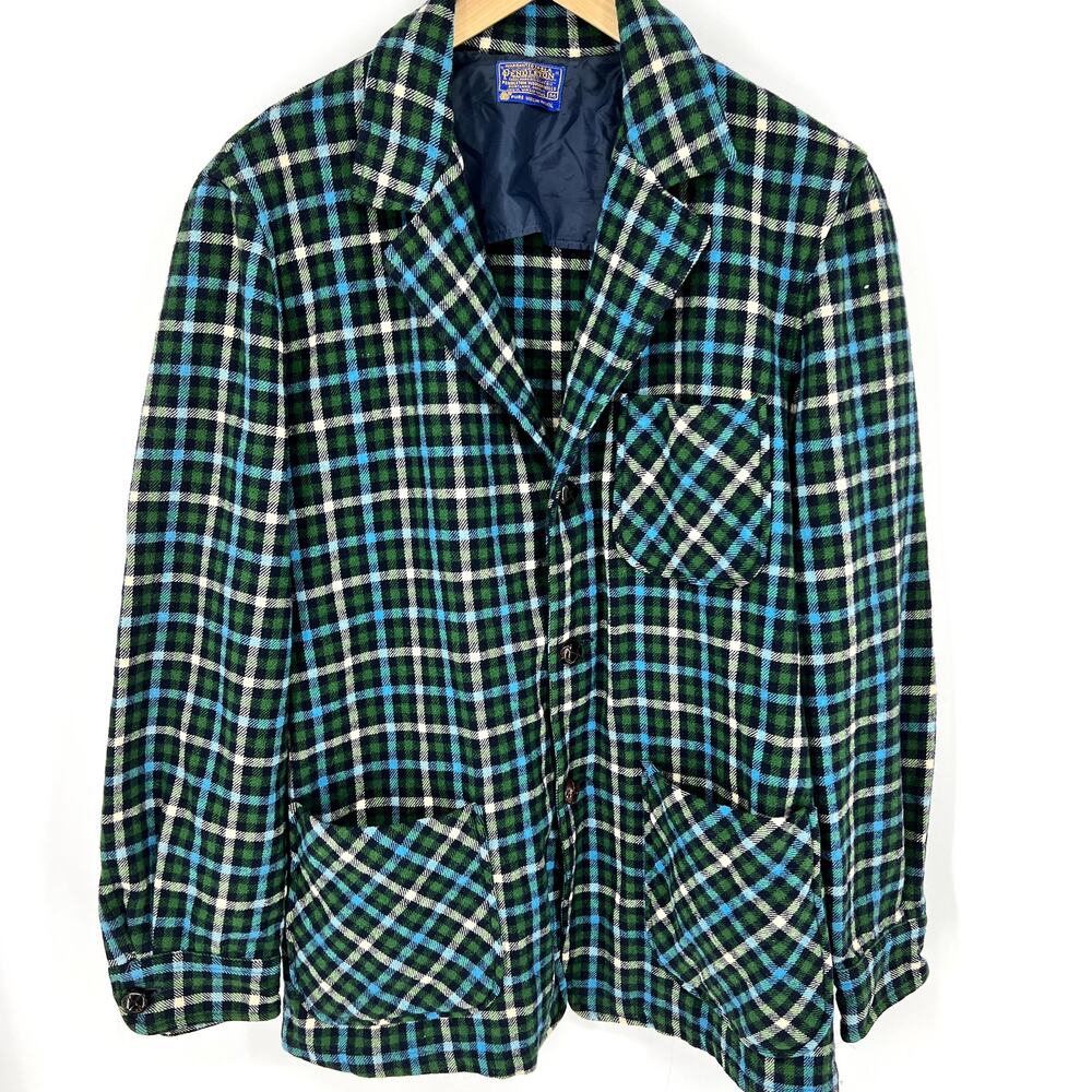 VTG 60s Mens Pendleton 100% Virgin Wool Plaid Blazer Shacket Green Blue Size M
